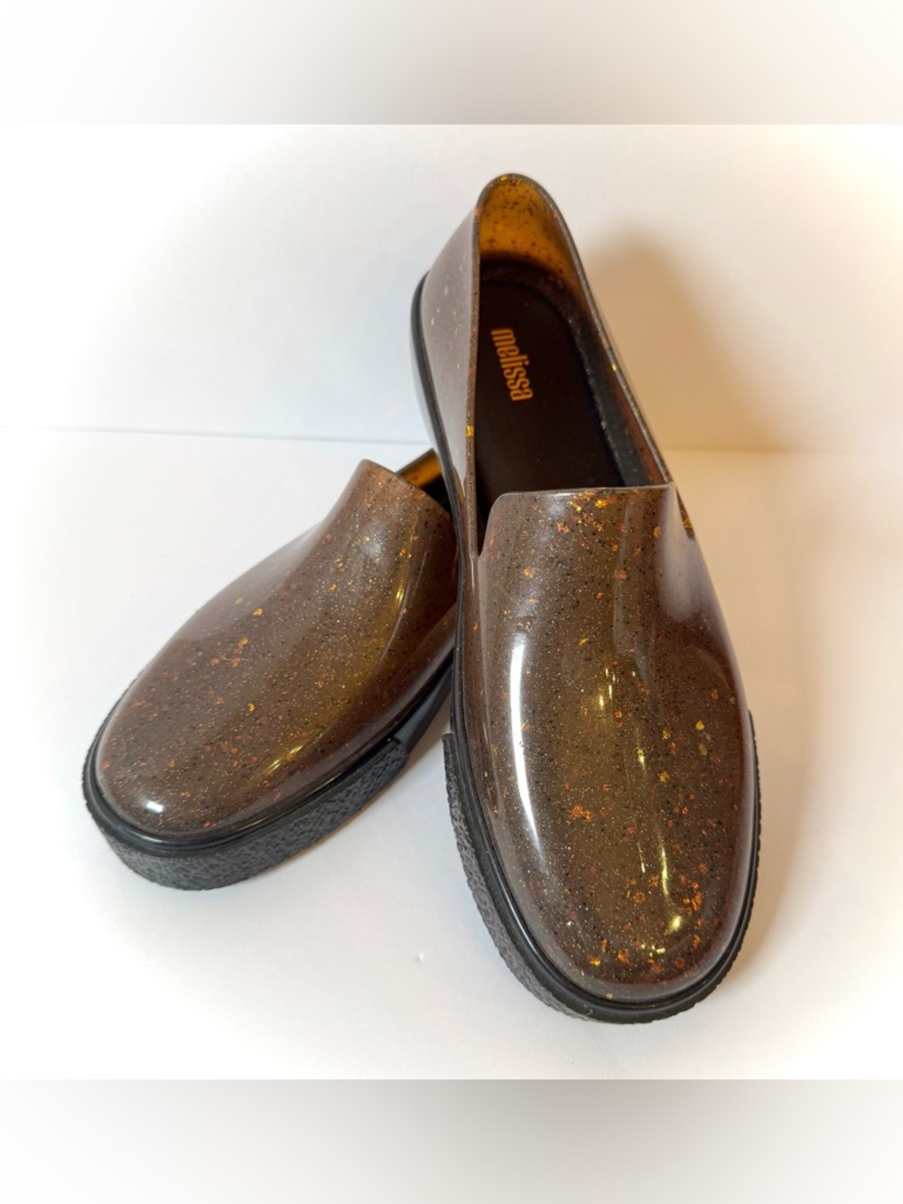 Melissa Ground II AD Y2K Vegan Brown Glitter Slip On Jelly Flat Loafers Sz 9 HTF